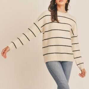 Lush Striped Drop Shoulder Sweater in Cream Black